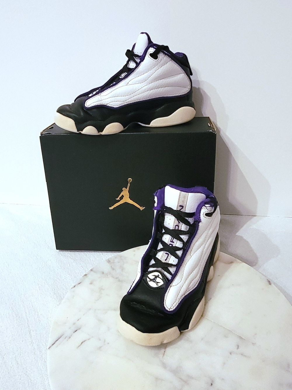 Jordan Kids White, Black & Purple Retro High-Top Basketball Sneakers